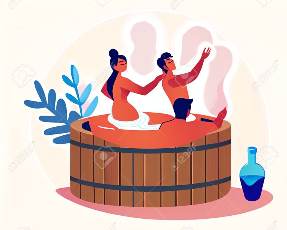 Couple of Young Man and Woman Sitting in Wooden Bath with Water Taking Sauna and Spa Water Procedure. Relaxation, Body Care Therapy, Wellness, Hygiene, Honeymoon, Date Cartoon Flat Vector Illustration