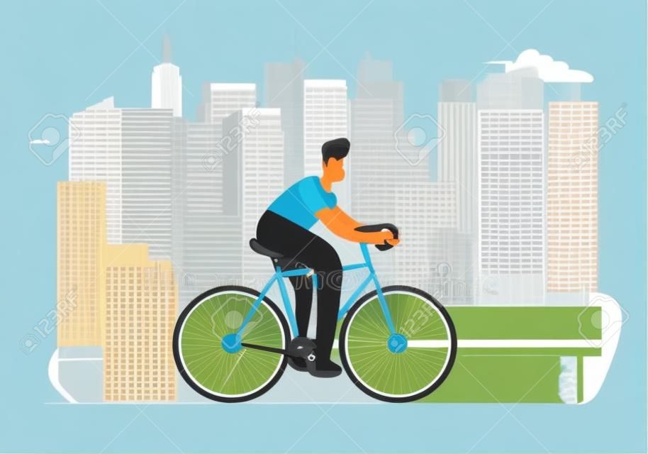 Man Cyclist Riding Bike Outdoors in Summer Day on City Park Background. Bicycle Active Sport Life and Healthy Lifestyle Activity, Ecology Transport in Town, Bike Rider Cartoon Flat Vector Illustration