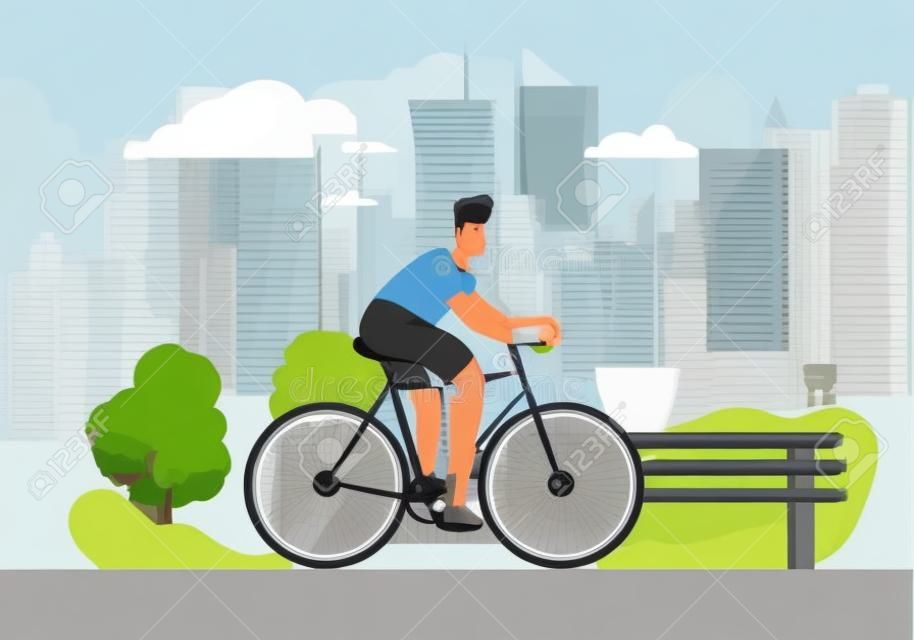 Man Cyclist Riding Bike Outdoors in Summer Day on City Park Background. Bicycle Active Sport Life and Healthy Lifestyle Activity, Ecology Transport in Town, Bike Rider Cartoon Flat Vector Illustration