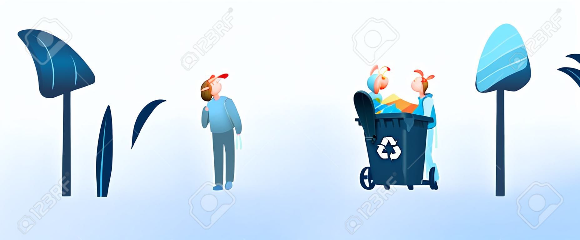 Group of People City Dwellers Throw Garbage to Recycle Litter Bins for Plastic, Paper and Organic Waste. Environmental