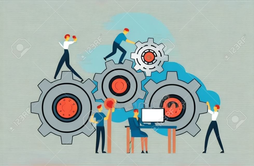 Working Routine Process and Teamwork Concept. Male and Female Characters Moving Huge Gear Mechanism Using Wrench, Feet and Arms. Woman Managing Cogwheel Process at Pc. Cartoon Flat Vector Illustration