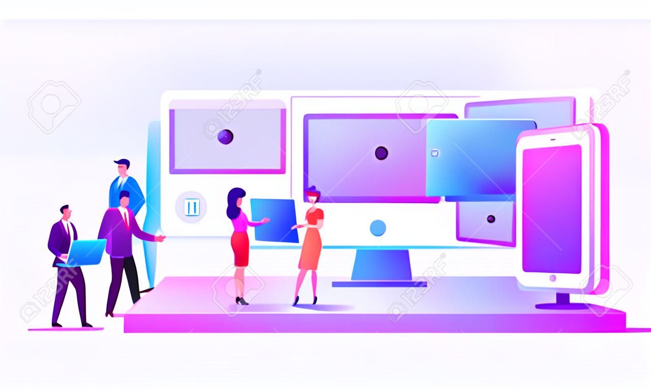 Electronic Document Management. Digital Data File Computer Archive Storage System, Information Database Catalog. Business Characters at Huge Laptop with Folders on Screen Cartoon Vector Illustration