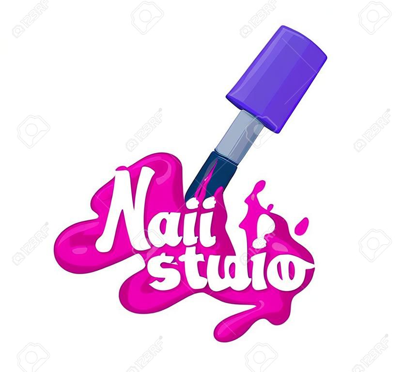 Concepto de diseño de logotipo de Nail Art Studio. Pincel con Pink Polish Splash y tipografía Plantilla de icono de salón de manicura y pedicura femenina para cartel, pancarta, folleto, folleto. Ilustración de Vector plano de dibujos animados