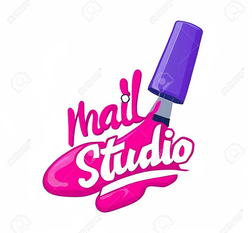 Concepto de diseño de logotipo de Nail Art Studio. Pincel con Pink Polish Splash y tipografía Plantilla de icono de salón de manicura y pedicura femenina para cartel, pancarta, folleto, folleto. Ilustración de Vector plano de dibujos animados