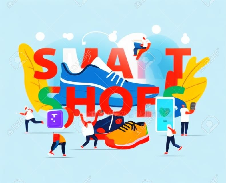 People Wear Smart Shoes Concept. Sports People Training in Iot Sneakers. Tiny Male and Female Characters Walking around Huge Footwear in Gym, High-tech Poster Banner Flyer Cartoon Vector Illustration