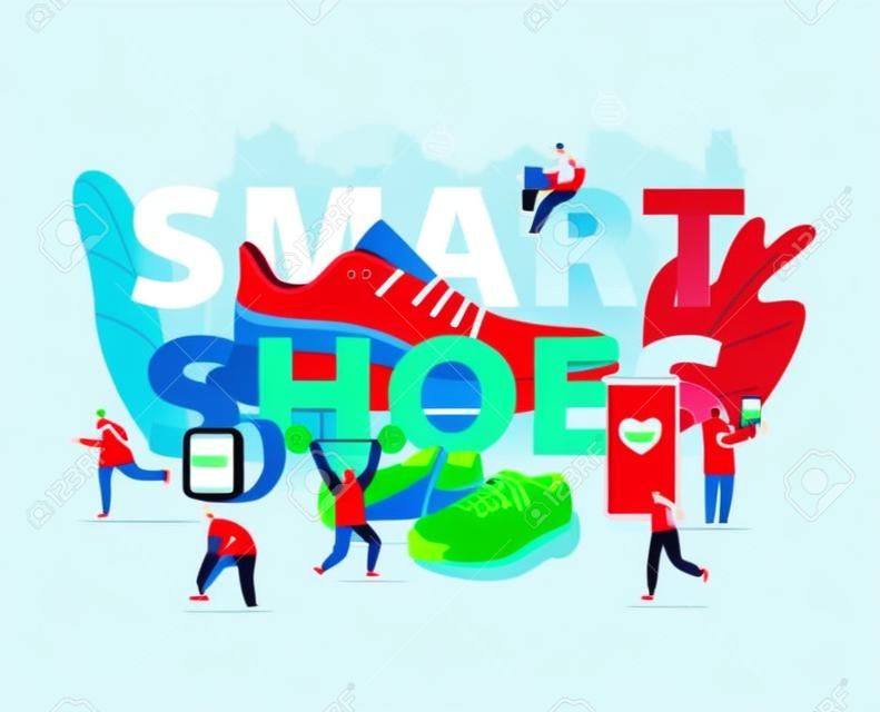 People Wear Smart Shoes Concept. Sports People Training in Iot Sneakers. Tiny Male and Female Characters Walking around Huge Footwear in Gym, High-tech Poster Banner Flyer Cartoon Vector Illustration