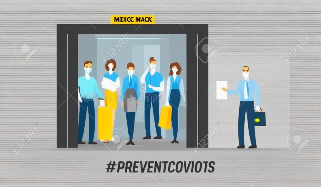 People in Medical Masks Stand in Elevator with Open Doors Waiting Inside Lift Stopped on Floor of Building with Male Character Push Button, Covid 19 Spread Prevention. Cartoon Vector Illustration