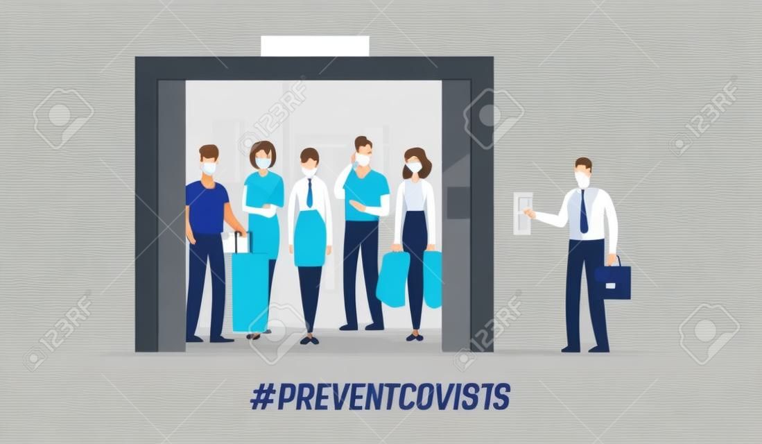 People in Medical Masks Stand in Elevator with Open Doors Waiting Inside Lift Stopped on Floor of Building with Male Character Push Button, Covid 19 Spread Prevention. Cartoon Vector Illustration