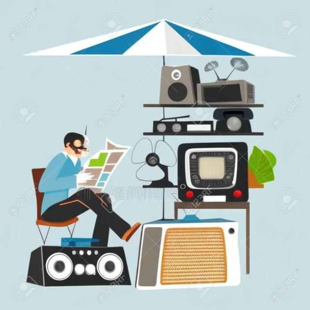 Sprzedawca siedzi na krześle czytanie gazety i uśmiechnięta fajka. męska postać sprzedaje starą technikę na pchlim targu lub wyprzedaży garażowej. zabytkowy telewizor, telefon, magnetofon i wentylator. liniowa ilustracja wektorowa