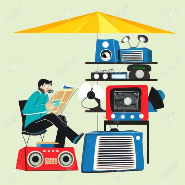 新聞を読んで、パイプを笑顔の椅子に座っている売り手。男性キャラクターはフリーマーケットやガレージセールで古いテクニックを売ります。ヴィンテージテレビ、電話、テープレコーダー、ファン。線形ベクトル図