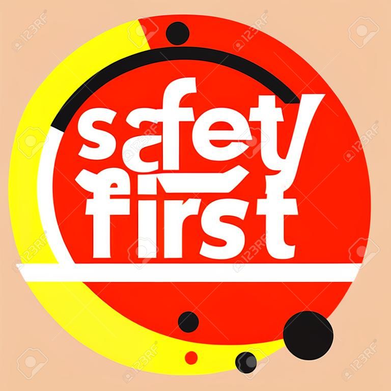 Safety First Creative Banner trendiger linearer Stil isoliert auf weißem Hintergrund. Arbeitssicherheitssymbol oder -zeichen, Straßenwarnung