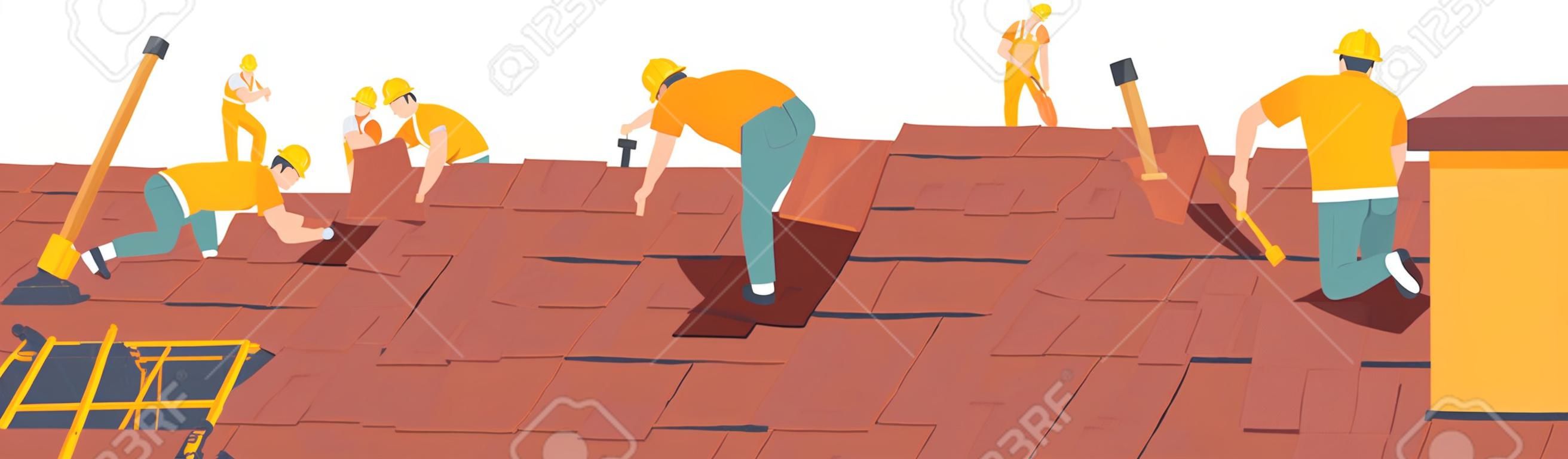 I personaggi dei lavoratori edili del tetto conducono lavori di copertura, riparazione di case, costruzione di strutture, fissaggio di case di tegole sul tetto