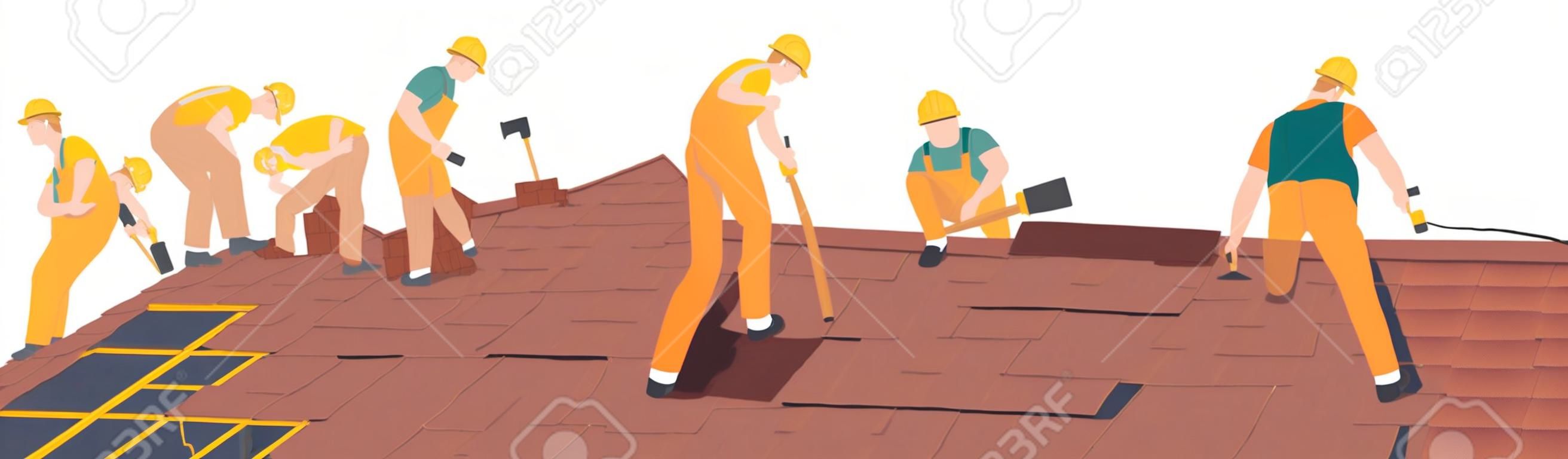 I personaggi dei lavoratori edili del tetto conducono lavori di copertura, riparazione di case, costruzione di strutture, fissaggio di case di tegole sul tetto