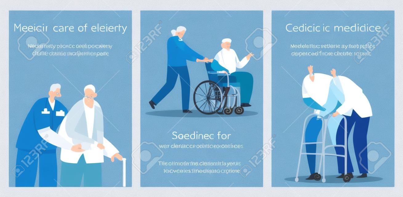 Banner für die medizinische Versorgung älterer Menschen. Mediziner helfen alten behinderten Menschen im Pflegeheim oder in der Klinik. Sozialpflegedienst