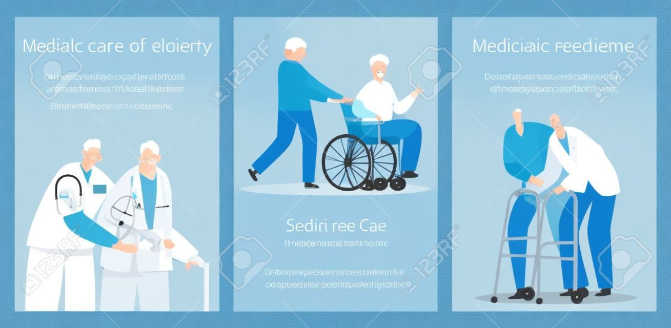 Banner für die medizinische Versorgung älterer Menschen. Mediziner helfen alten behinderten Menschen im Pflegeheim oder in der Klinik. Sozialpflegedienst