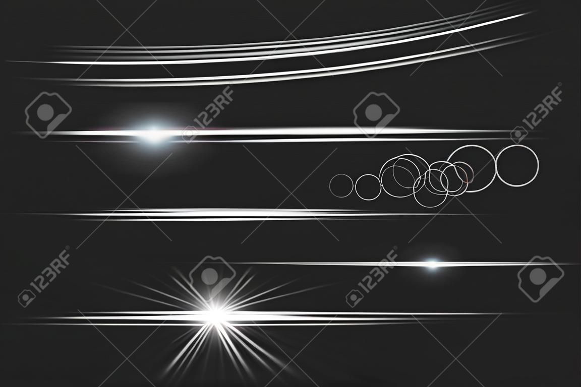 Light and stripes moving fast over dark background.design of the light effect. PNG. Set. Vector illustration