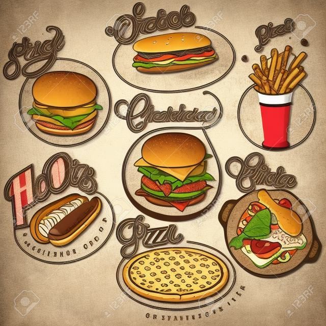 Retro vintage stílusú gyorsétterem mintái kalligrafikus címek és szimbólumok élelmiszerek Pizza, szendvics, Hot Dog, sült krumpli, hamburger, sajtburger és Drumstick realisztikus illusztrációk