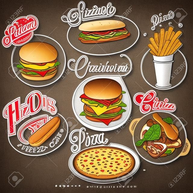 Diseños de comida rápida de estilo vintage retro Juego de títulos caligráficos y símbolos para alimentos Pizza, Sandwich, perrito caliente, patatas fritas, hamburguesas, hamburguesa con queso y Palillo ilustraciones realistas