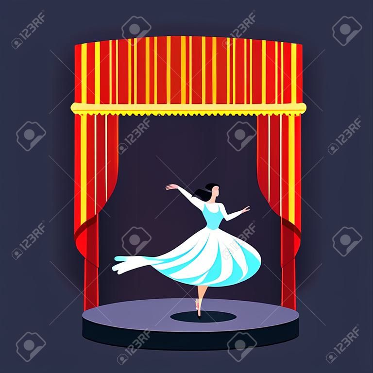 Stage podium with lighting. Stage podium scene for award,ceremony,concert, theater,party,dance,event,show.Theatrical stage.Modern flat cartoons vector illustration icons. Isolated on white.Red curtain