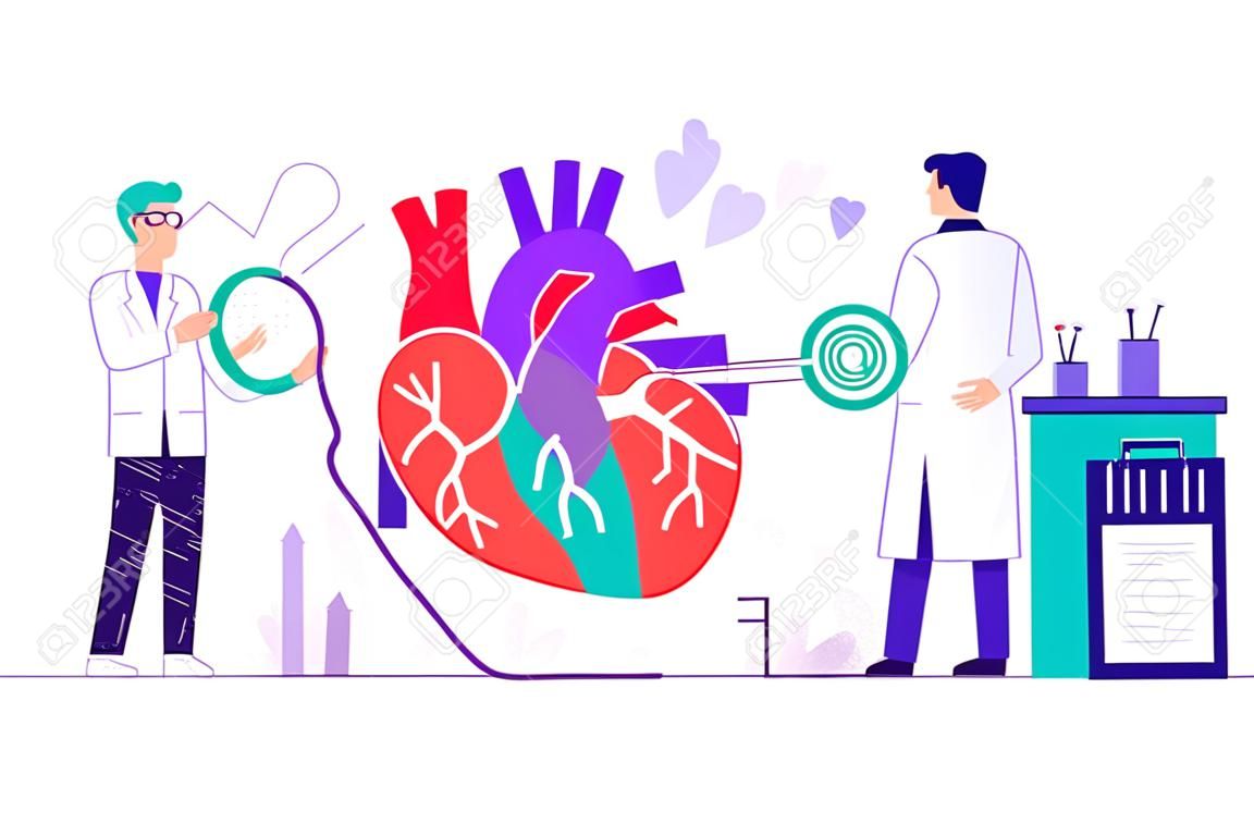 Circulatory system complications concept. Cardiologists studying human organ. Heart disease, ischemic heart disease, coronary artery disease concept. Flat style creative vector isolated illustration.