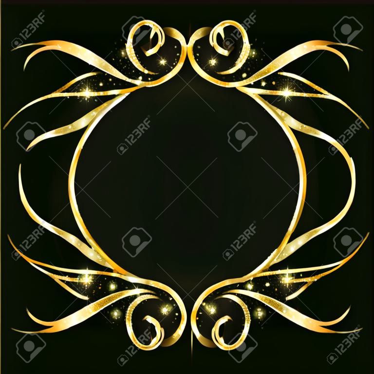 Image vectorielle cadre doré à partir de lignes en osier et curl avec des étincelles et des étincelles sur un fond sombre. Décor pour cartes et cartes de visite, cadre décoratif pour menu.