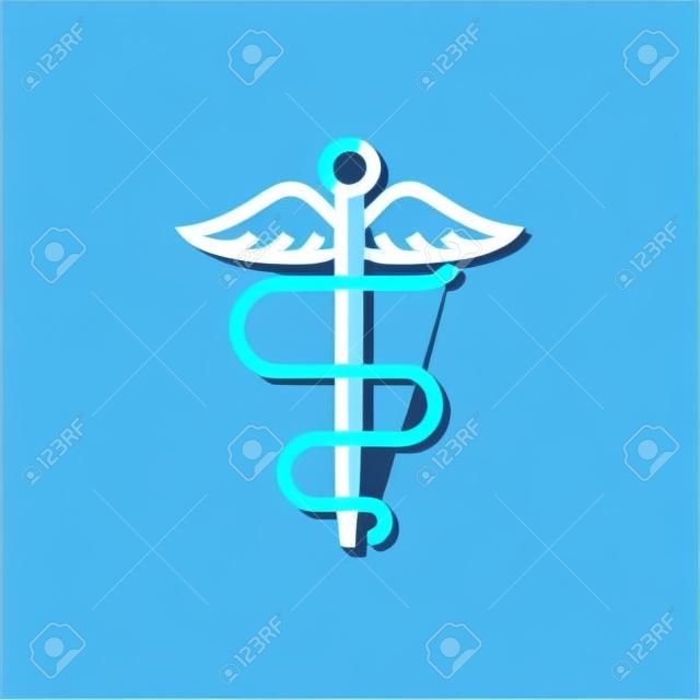 Niebieska linia kaduceusz wąż symbol medyczny ikona izolowana na niebieskim tle. medycyna i opieka zdrowotna. godło apteki lub medycyny, apteki. ilustracja wektorowa