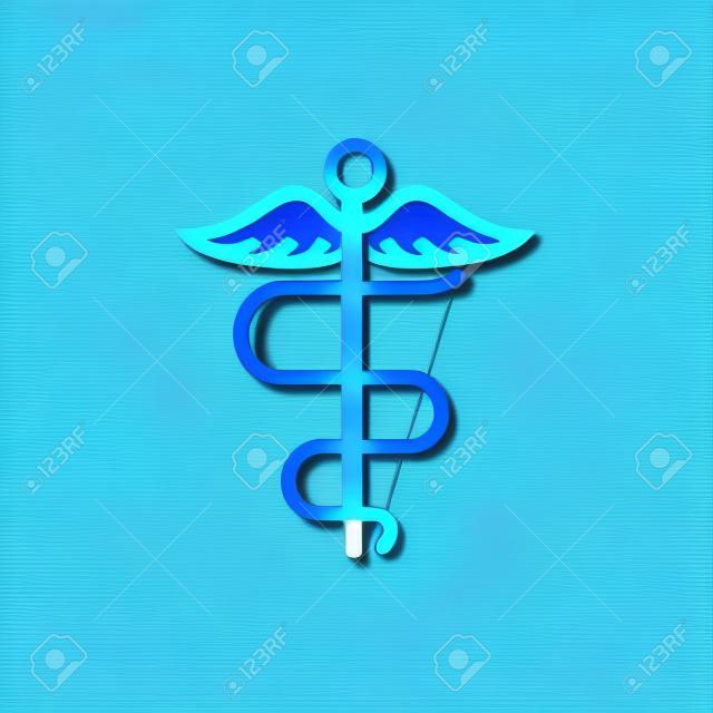Icono de símbolo médico de serpiente caduceo de línea azul aislado sobre fondo azul. Medicina y salud. Emblema para droguería o medicina, farmacia. Ilustración vectorial