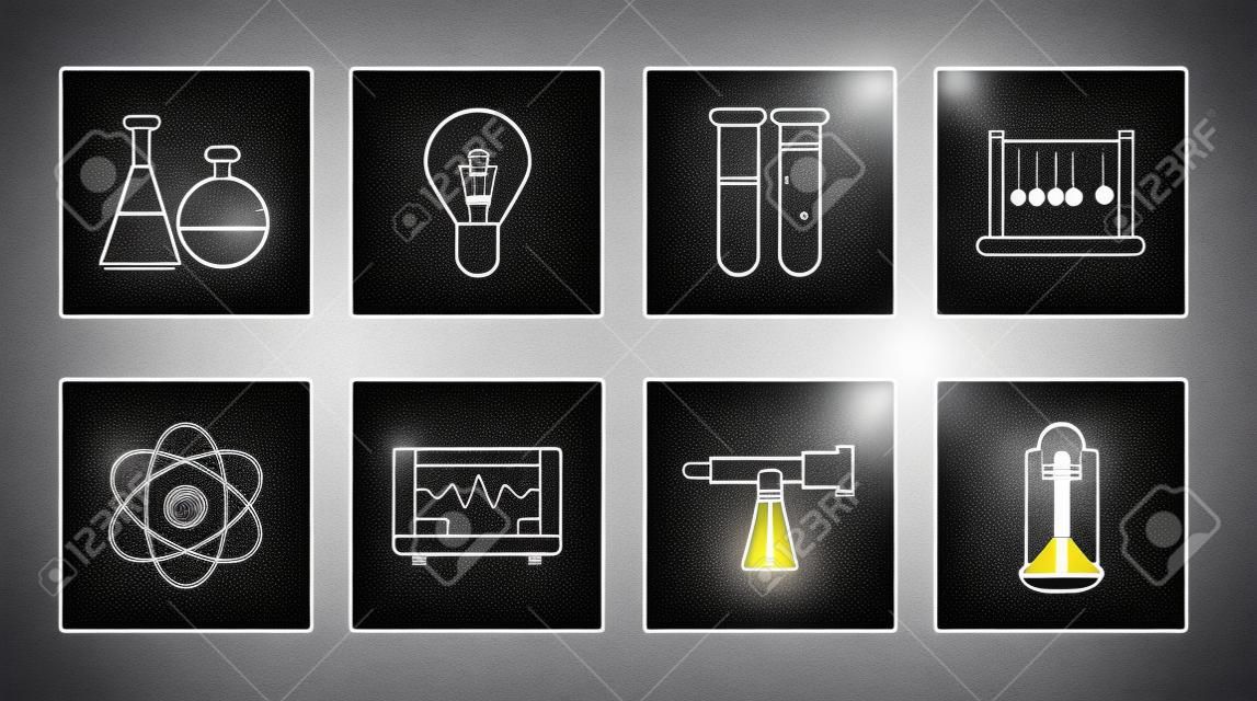 Set line Atom, Light bulb with concept of idea, Computer monitor cardiogram, Telescope, Space shuttle and rockets, Test tube flask chemical laboratory, Pendulum and icon. Vector