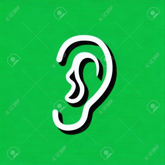 Ear-Vektor-Symbol mit Schatten. Weiß Abbildung auf grünem Hintergrund für Grafik und Web-Design isoliert.