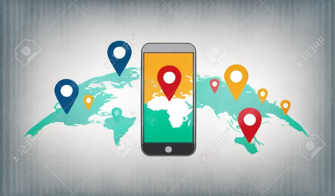 Vector illustration of world map and smartphone with geolocation pins.