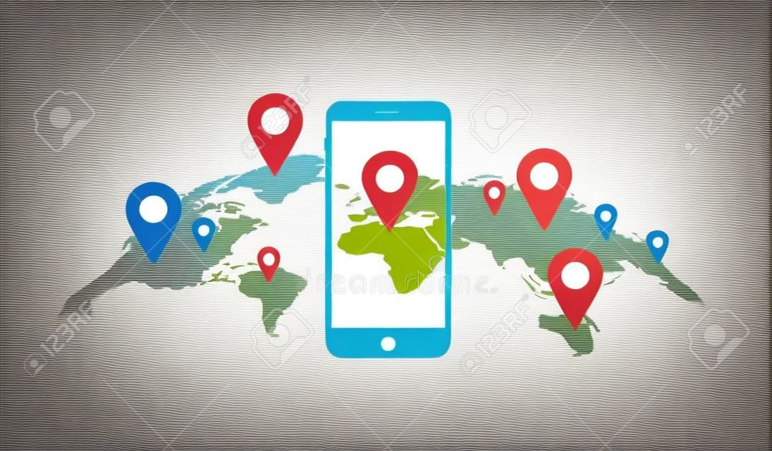 Vector illustration of world map and smartphone with geolocation pins.