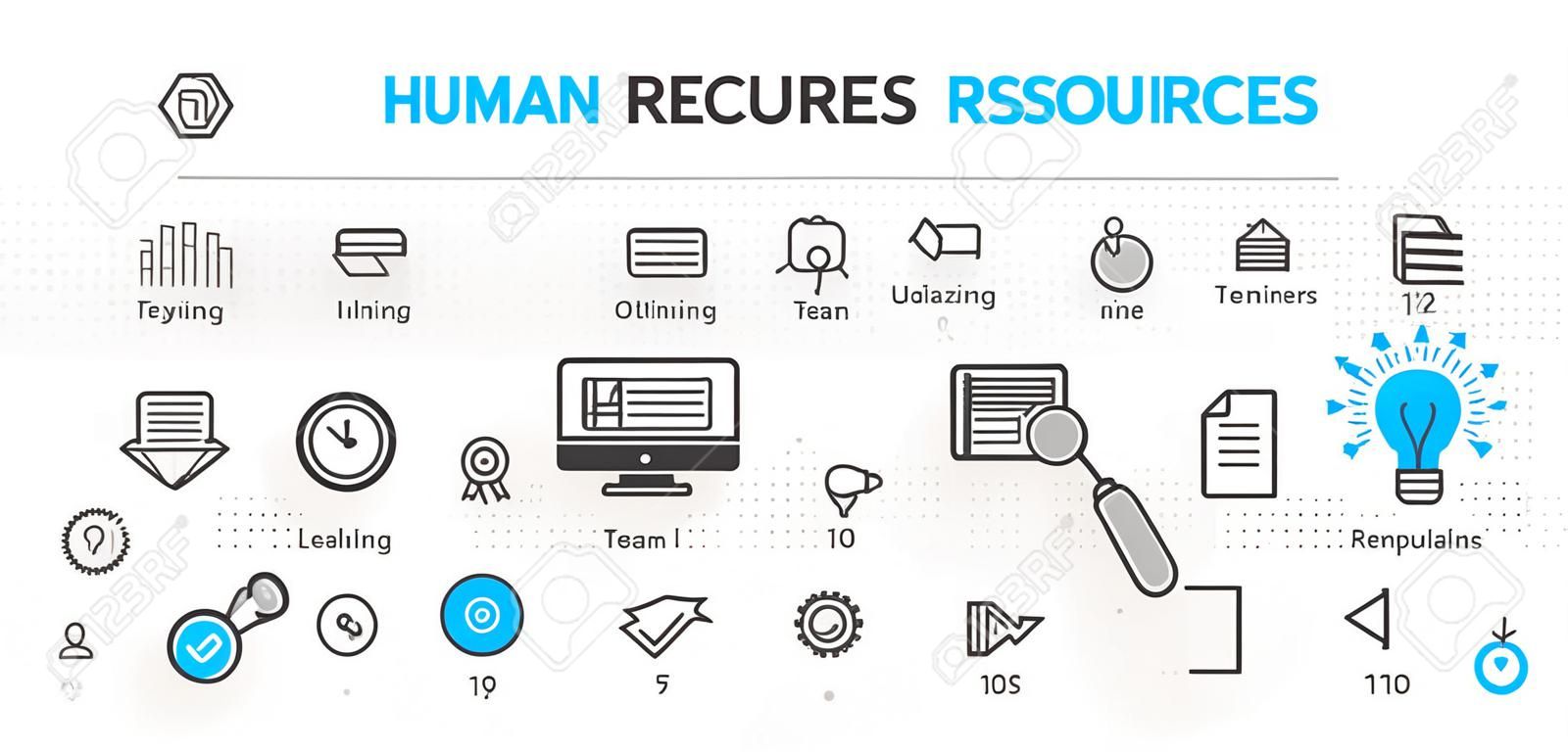 Human resources web banner concept. Outline lijn business pictogram set. HR Strategy team, teamwork en corporate organisatie. Vector illustratie Template voor sites, presentatie