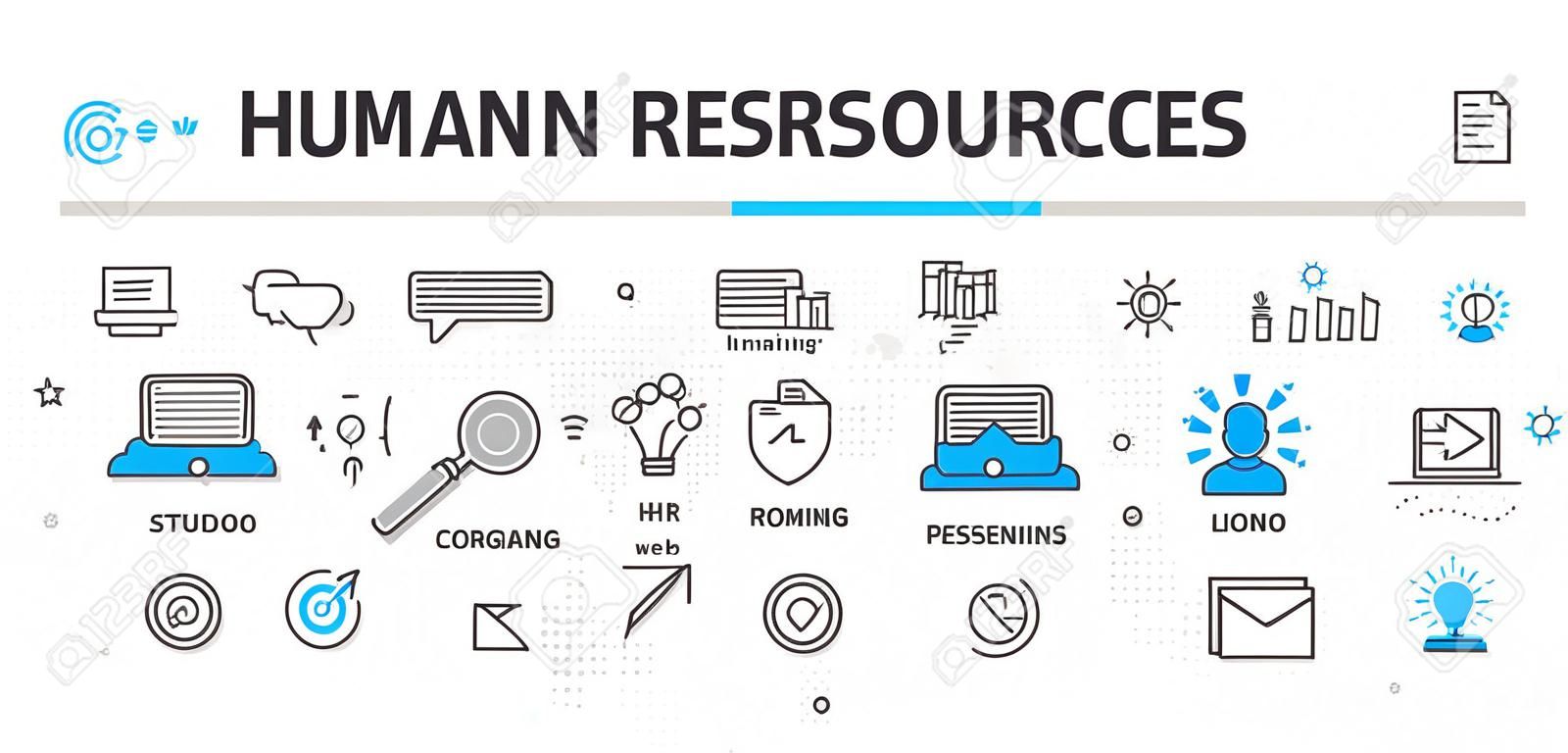 Human resources web banner concept. Outline lijn business pictogram set. HR Strategy team, teamwork en corporate organisatie. Vector illustratie Template voor sites, presentatie