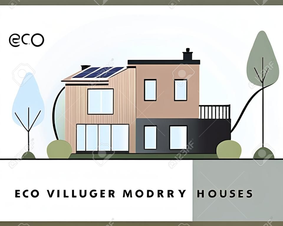 Illustration vectorielle plate du village écologique. Maisons modernes luxueuses avec énergie intelligente sur panneaux solaires, avec balcon extérieur et villa de conception écologique.