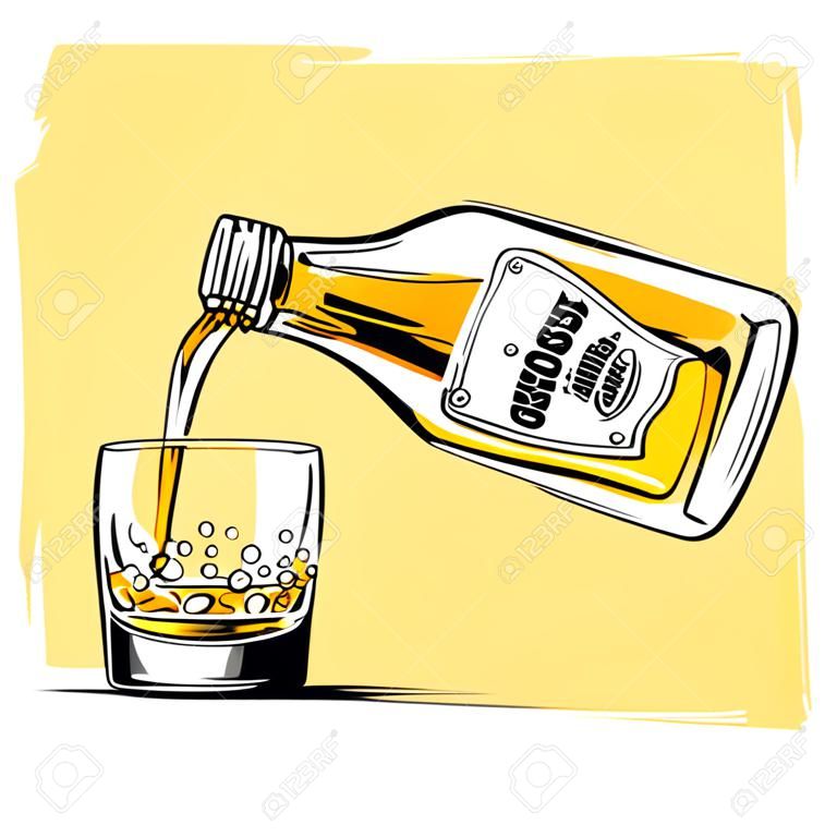 Vector illustratie van whiskey wordt gegoten uit een fles in een glas