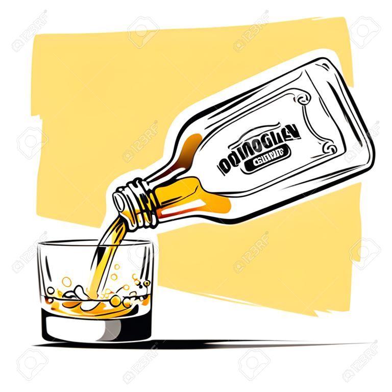 Vector illustratie van whiskey wordt gegoten uit een fles in een glas