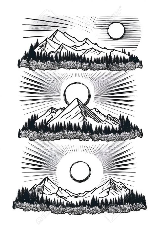 Рука обращается векторной иллюстрации горы в стиле гравюры