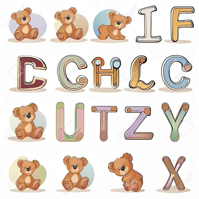 Stellen Sie Vektorbuchstaben des englischen Alphabetes mit lustigem Teddybären ein