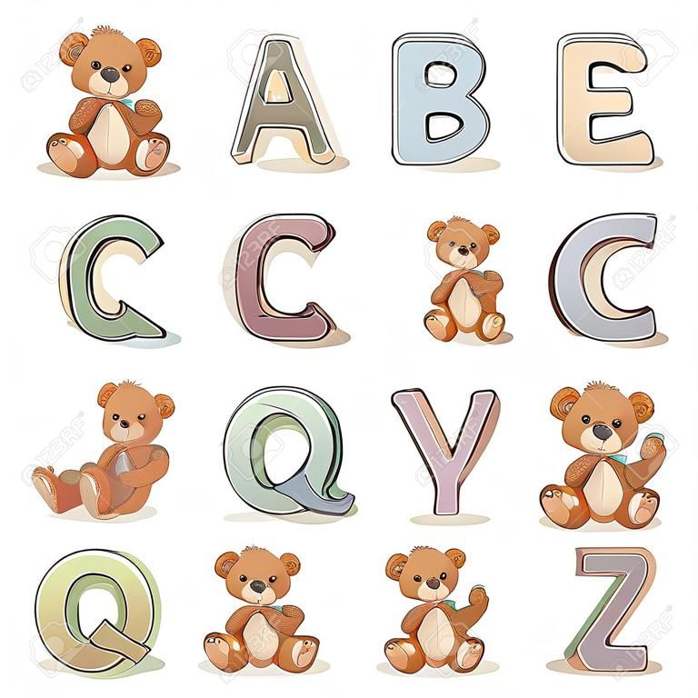 Vectorletters van het Engelse alfabet instellen met grappige teddybeer