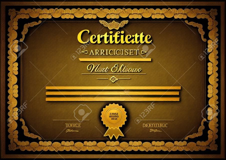 Vector certificate template on awarding, design of certificate with golden vintage ornament on the contour and badge