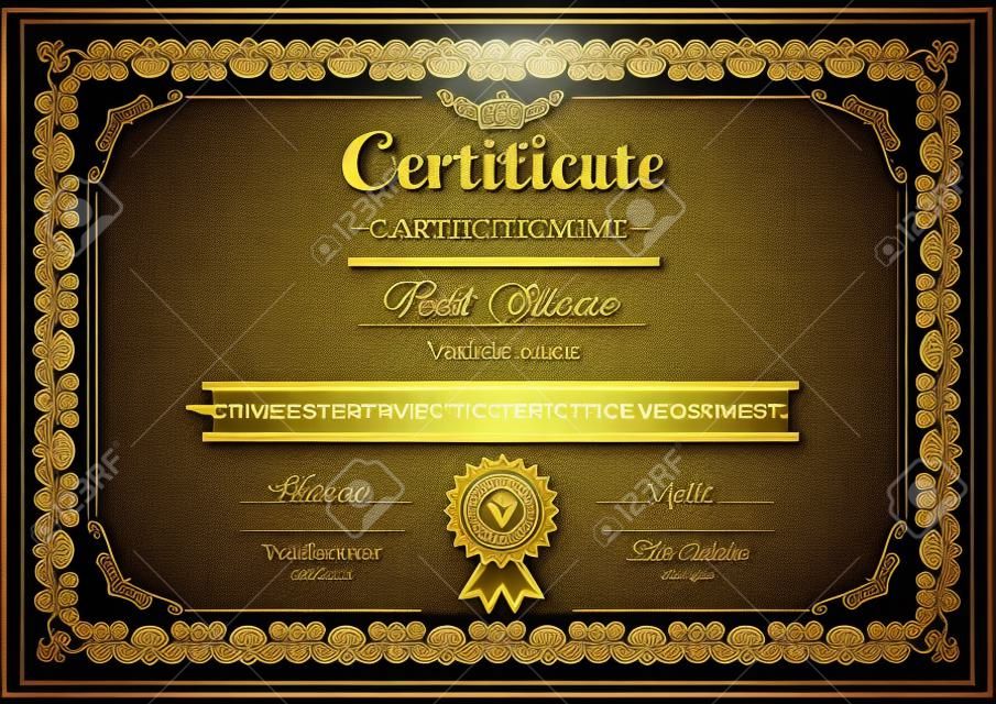 Vector certificate template on awarding, design of certificate with golden vintage ornament on the contour and badge