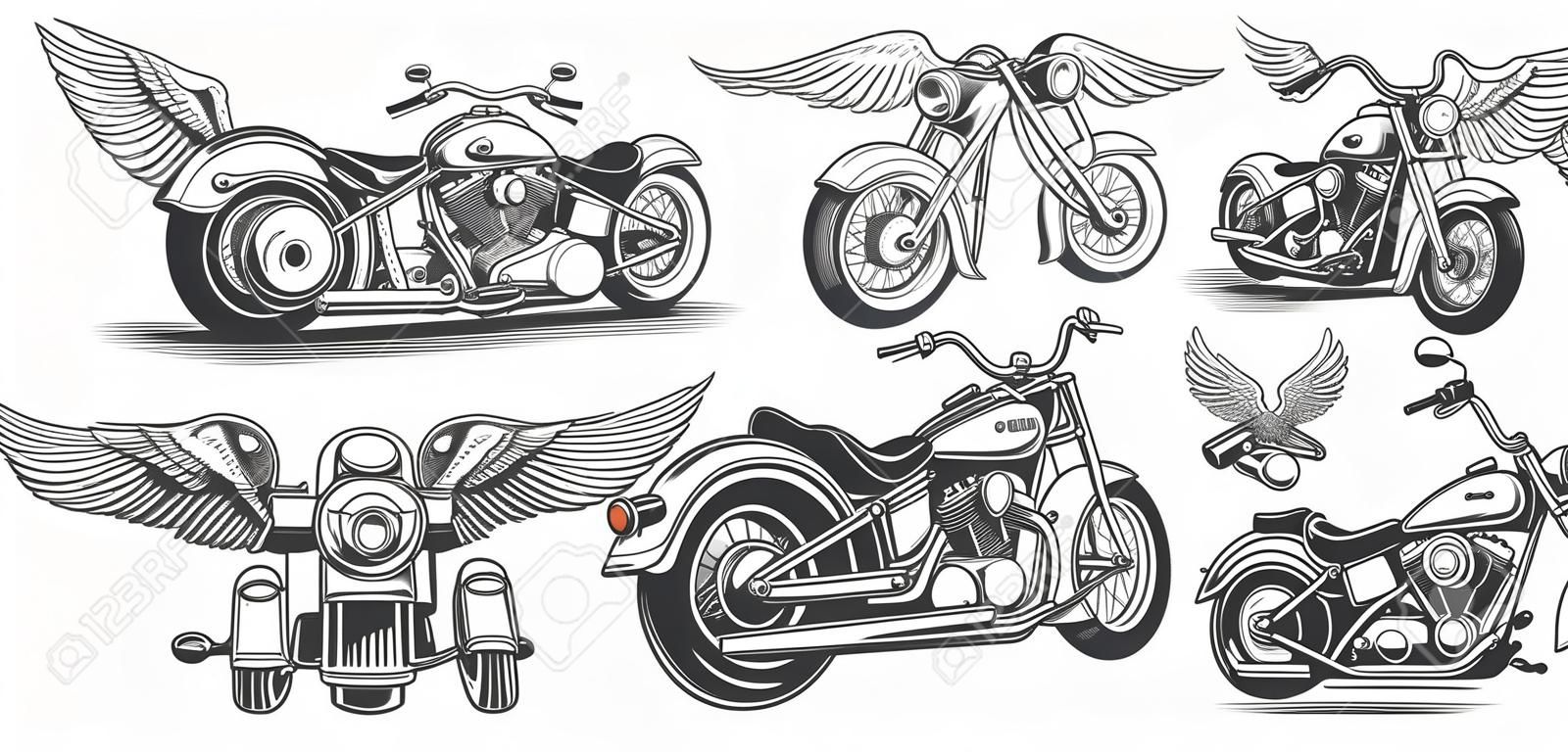 Set di illustrazioni, icone di motocicletta d'epoca vintage in diverse angolazioni, teschi, ali in stile di incisione. Chopper classico in stile d'inchiostro. Stampa, incisione, modello, elemento di design