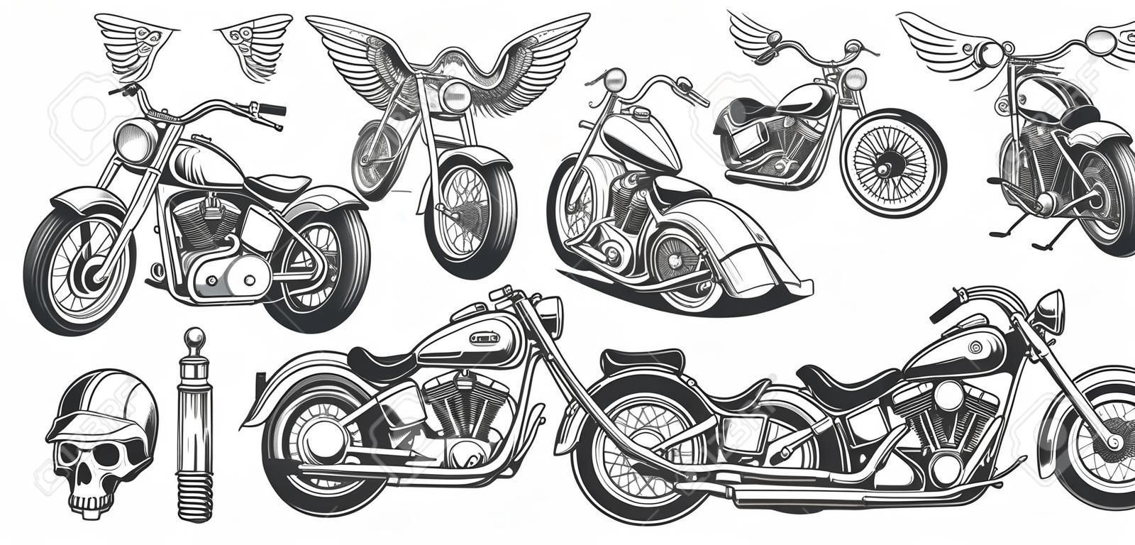 Set of illustrations, icons of hand-drawn vintage motorcycle in various angles, skulls, wings in the style of engraving. Classic chopper in ink style. Print, engraving, template, design element