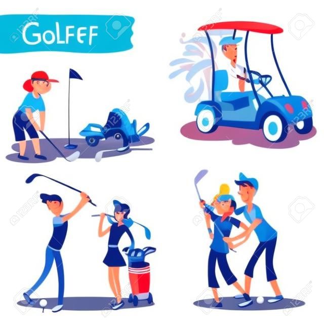 女性や男性ゴルファーの漫画のキャラクター ゴルフ、保持棒を学習、ボールを打つゴルフ車ベクトル図白で隔離を運転します。面白いゴルフ プレーヤーのカップル フィールド コレクション