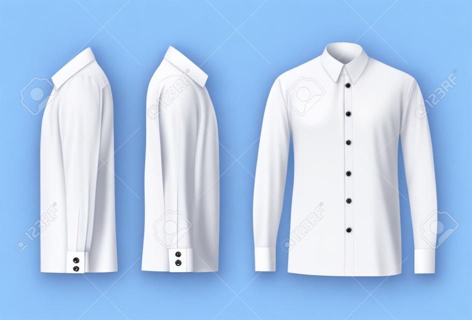 White male shirt with long sleeves and buttons in front, right and left side view, isolated on a gray background. 3D realistic vector illustration, pattern formal or casual shirt