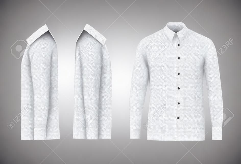 White male shirt with long sleeves and buttons in front, right and left side view, isolated on a gray background. 3D realistic vector illustration, pattern formal or casual shirt