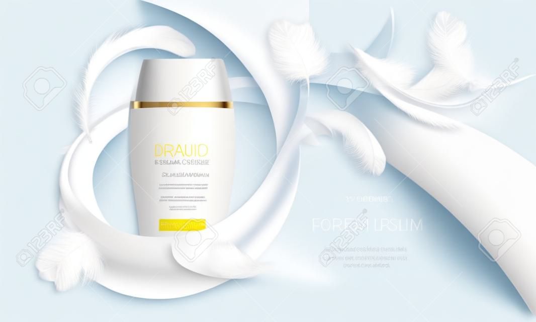 Cosmetic banner with 3d vector realistic white bottle for skin care cream or body lotion, ready mock up for promotion your brand. Beauty product concept illustration with creamy swirl and feathers.