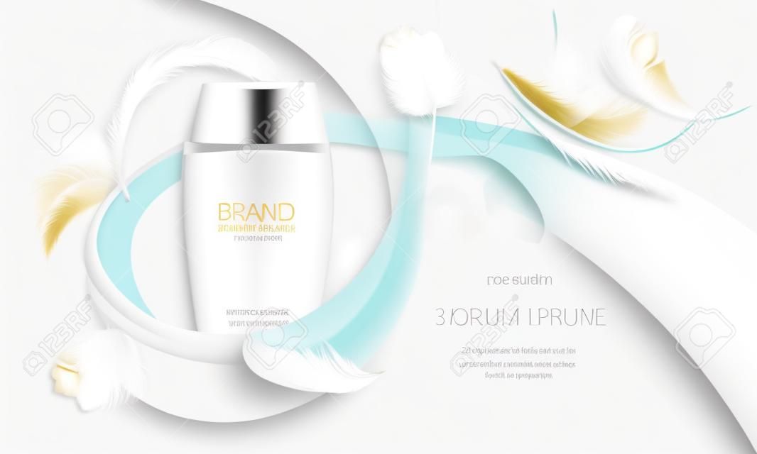 Cosmetic banner with 3d vector realistic white bottle for skin care cream or body lotion, ready mock up for promotion your brand. Beauty product concept illustration with creamy swirl and feathers.