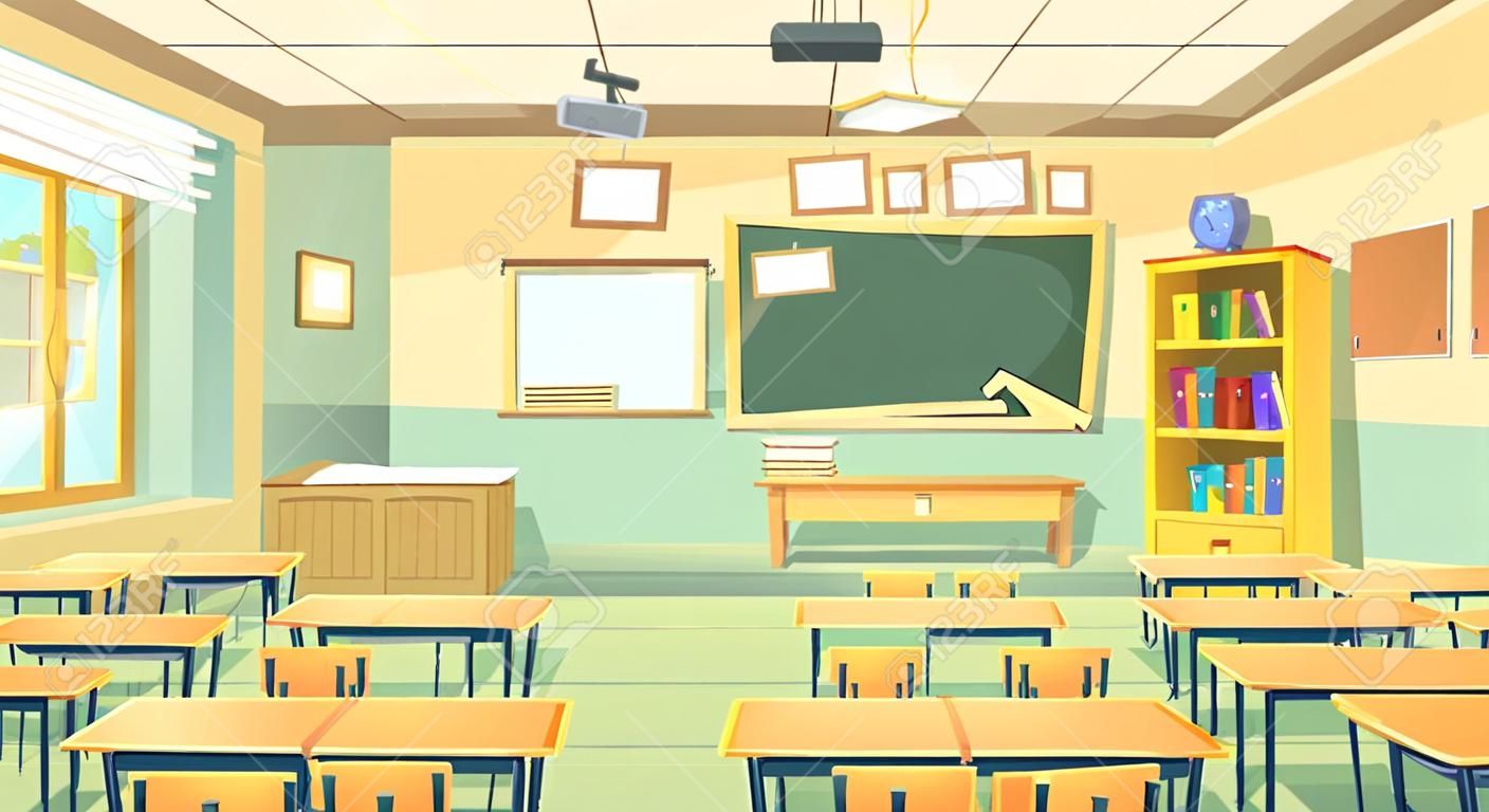 Vector cartoon background with empty classroom, interior inside. Back to school concept illustration. College or university training room with furniture, chalkboard, table, projector, desks, chairs