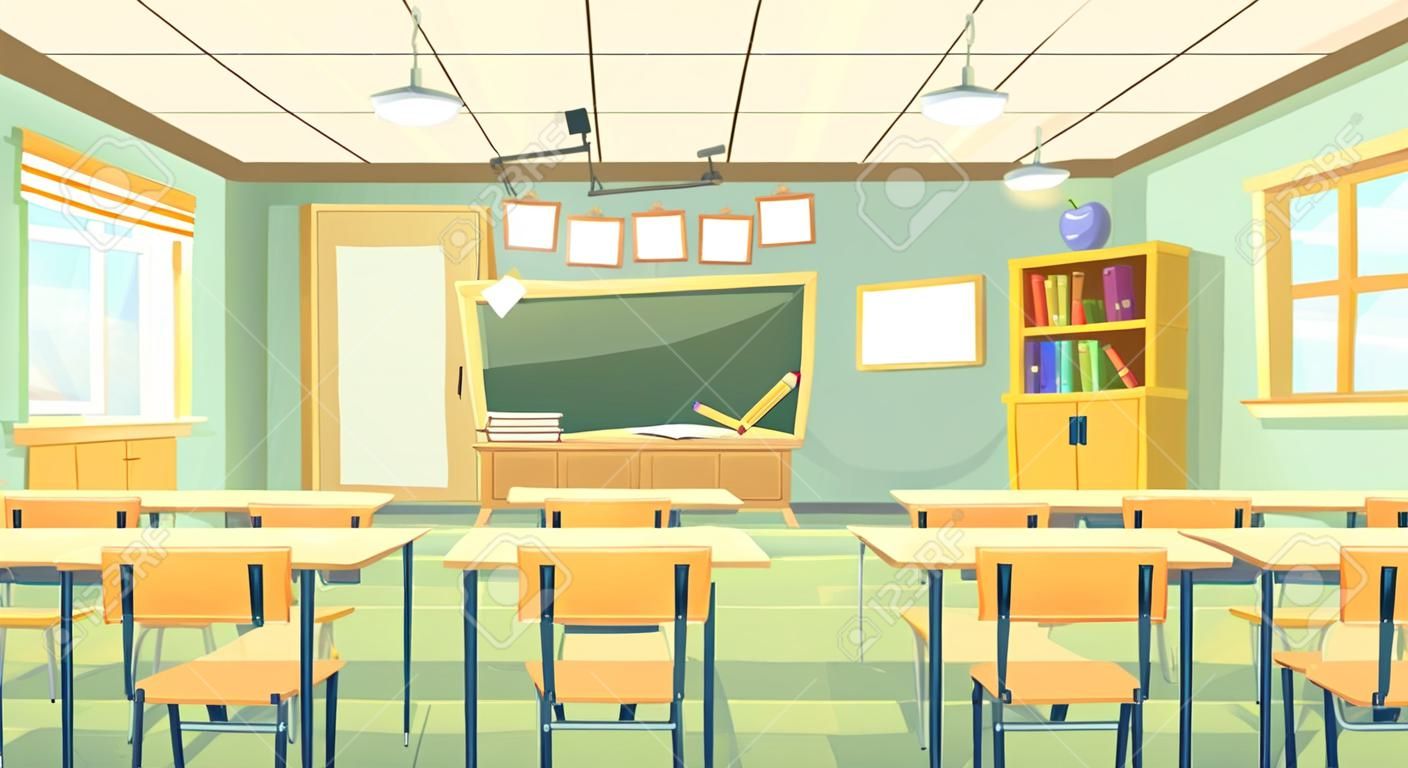 空の教室、内部のインテリアとベクター漫画の背景。学校のコンセプトイラストに戻ります。家具、黒板、テーブル、プロジェクター、机、椅子を備えた大学または大学のトレーニングルーム